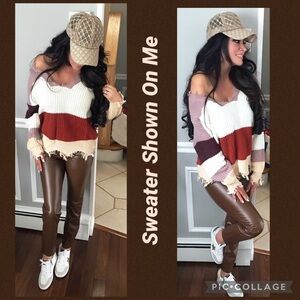 Elapsy Womens Color Block Striped V Neck Distressed Sweater